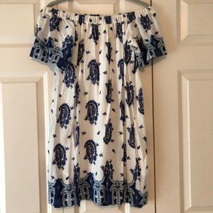 Blue and White Off the Shoulder Dress